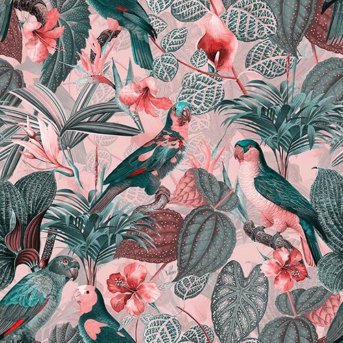 Parrots with Orchids and Hibiscus in Jungle - Pink Gray UNA239012 Available Sizes: 47" x 47"