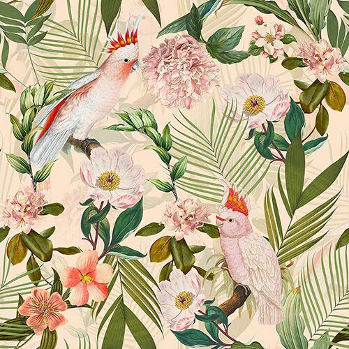 Pink Cockatoos Flowers And Palm Leaves – peach UNA239025 Available Sizes: 47" x 47"