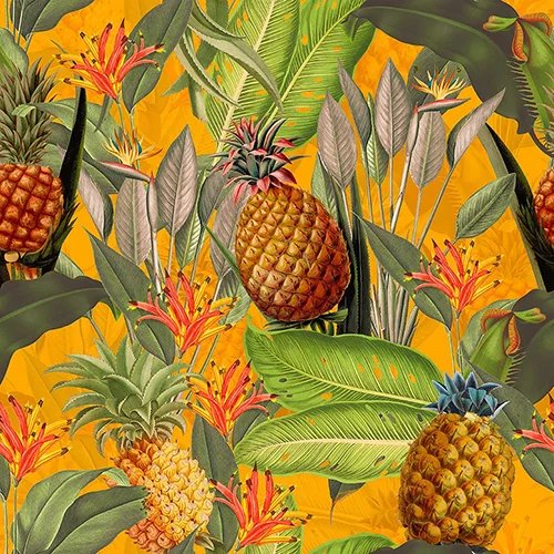 Tropical Leaves Pineapples and Bananas – Orange UNA239020 Available Sizes: 47" x 47"