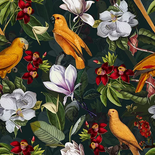 Yellow Parrots In Tropical Flower Magnolia Jungle – on petrol UNA239023 Available Sizes: 47" x 47"