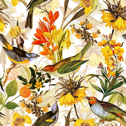 Colorful Birds and Redouté Flowers – White UNA239018 Available Sizes: 47" x 47"