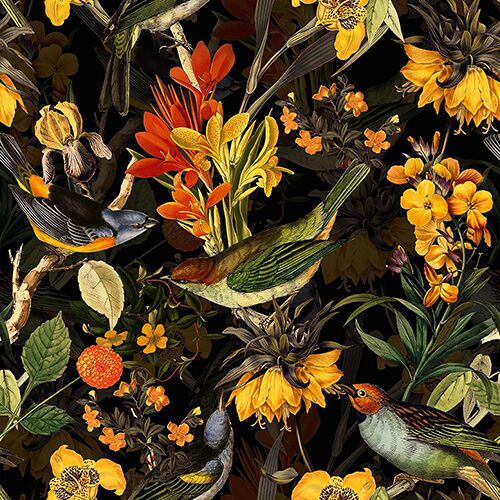 Colorful Birds and Redouté Flowers – Black UNA239017 Available Sizes: 47" x 47"