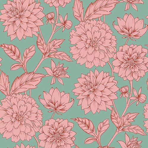 Dahlia Blooms Green Pink RVA13212 Available Sizes: 47" x 47"