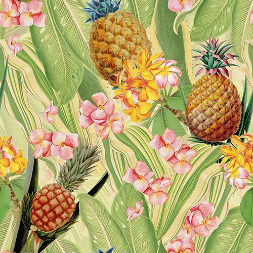 Tropical Leaves Pineapples and Plumeria Flowers – Soft UNA239022 Available Sizes: 47" x 47"