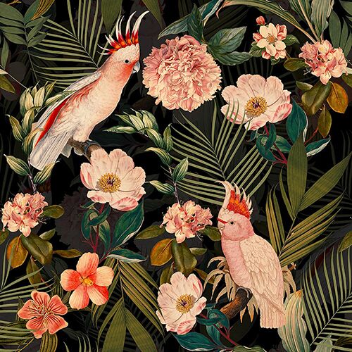 Pink Cockatoos Flowers And Palm Leaves – shiny night UNA239026 Available Sizes: 47" x 47"