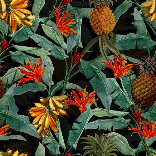 Tropical Leaves Pineapples and Bananas – Black UNA239019 Available Sizes: 47" x 47"