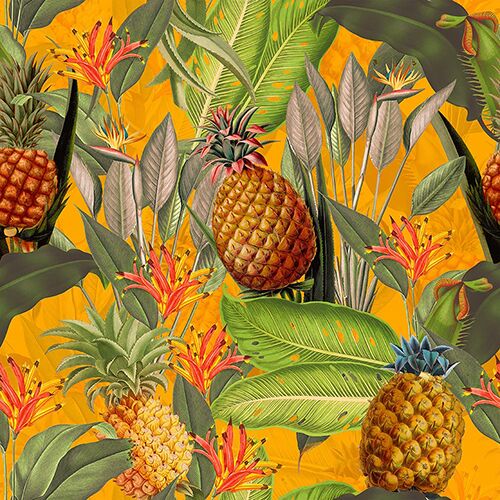Tropical Leaves Pineapples and Bananas – Orange UNA239020 Available Sizes: 47" x 47"